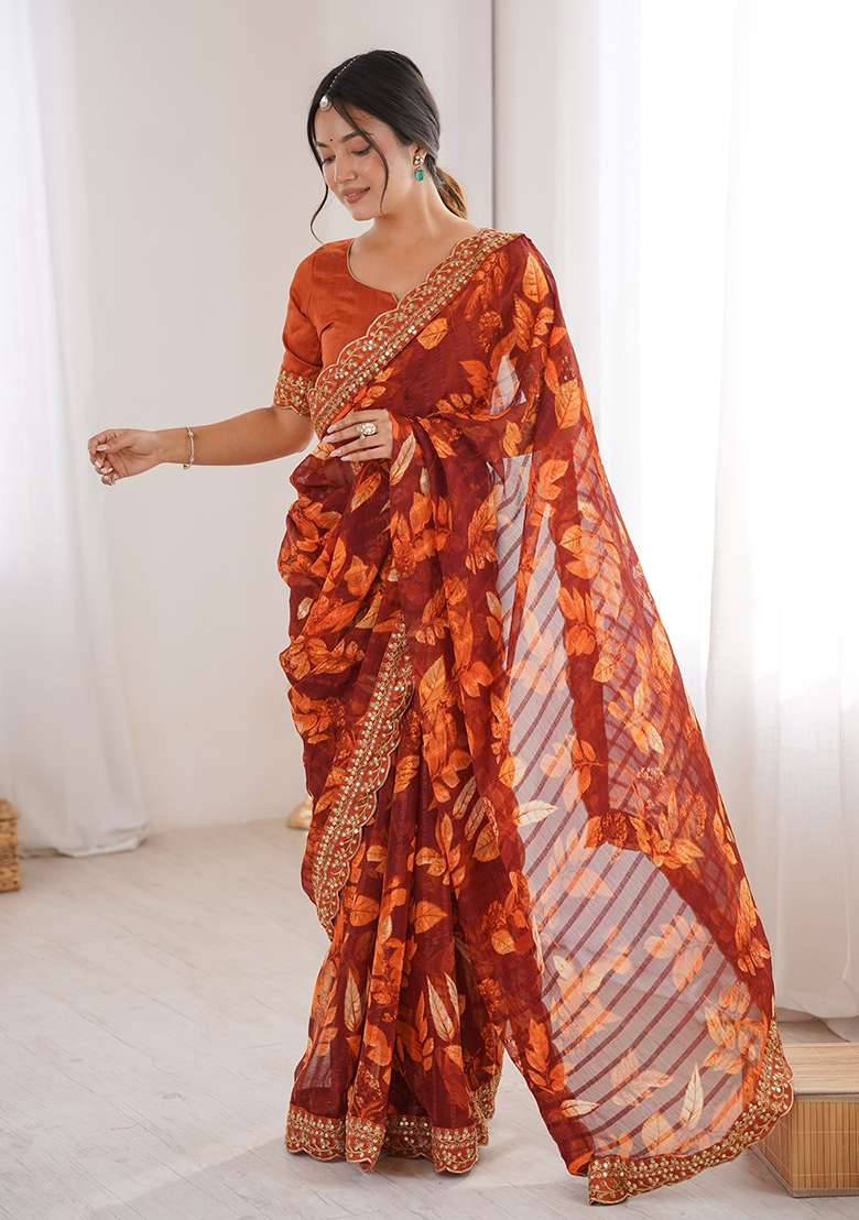 Orange Floral Georgette Saree Set for Diwali and Festive Wear - Indya