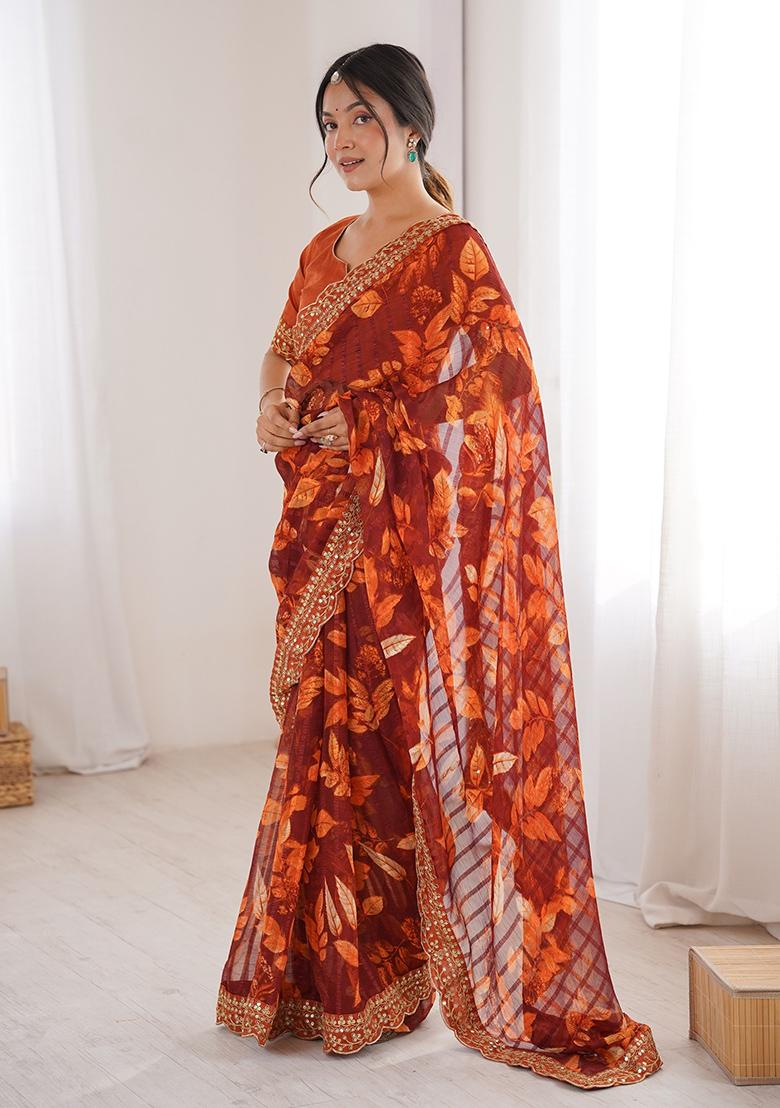 Orange Floral Georgette Saree Set - Indya