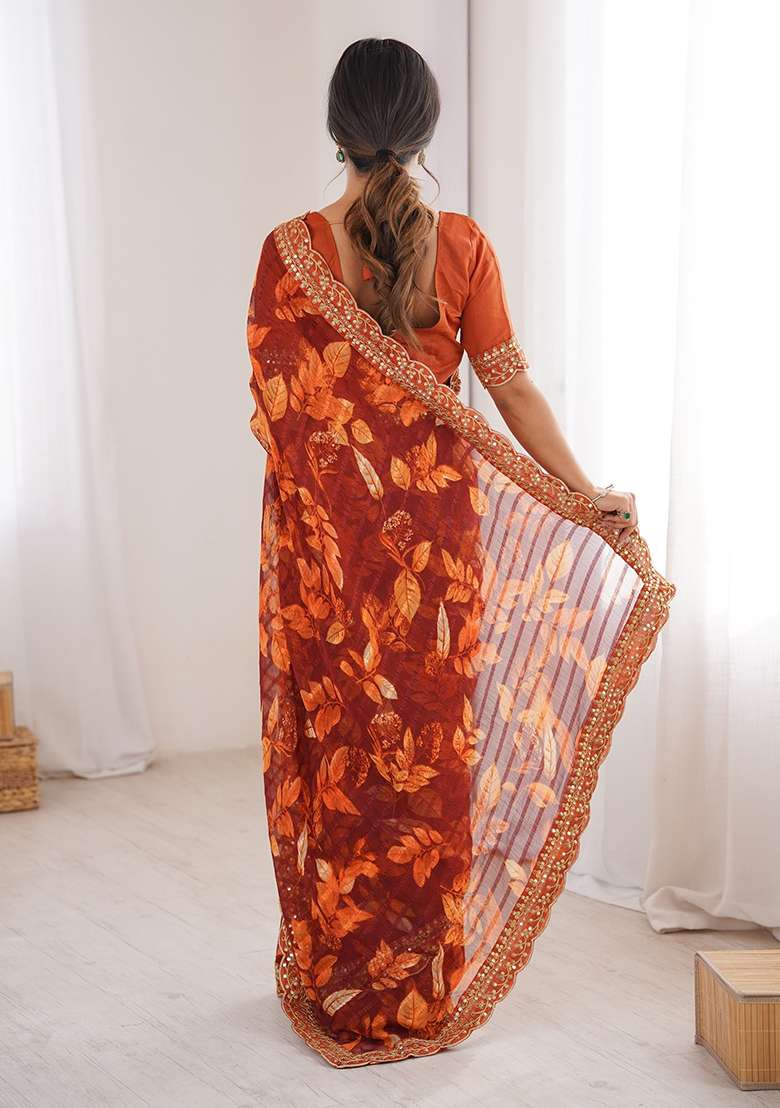 Orange Floral Georgette Saree Set for Diwali and Festive Wear - Indya