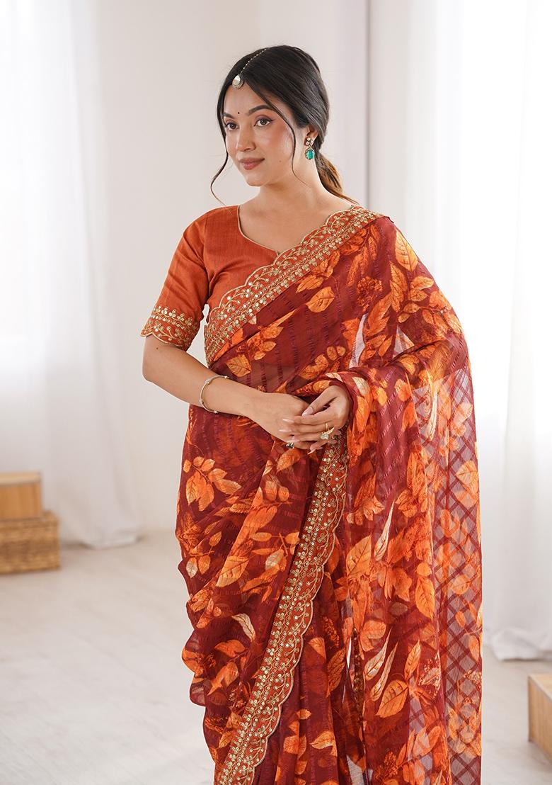 Orange Floral Georgette Saree Set - Indya