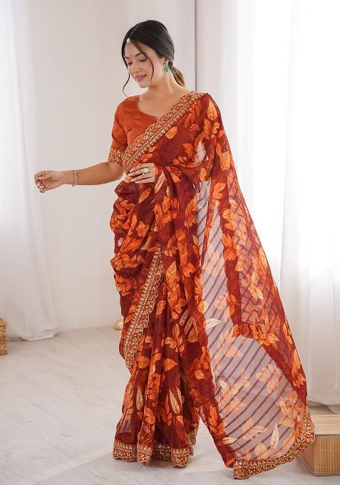 Orange Floral Georgette Saree Set
