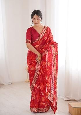 Red Floral Georgette Saree Set