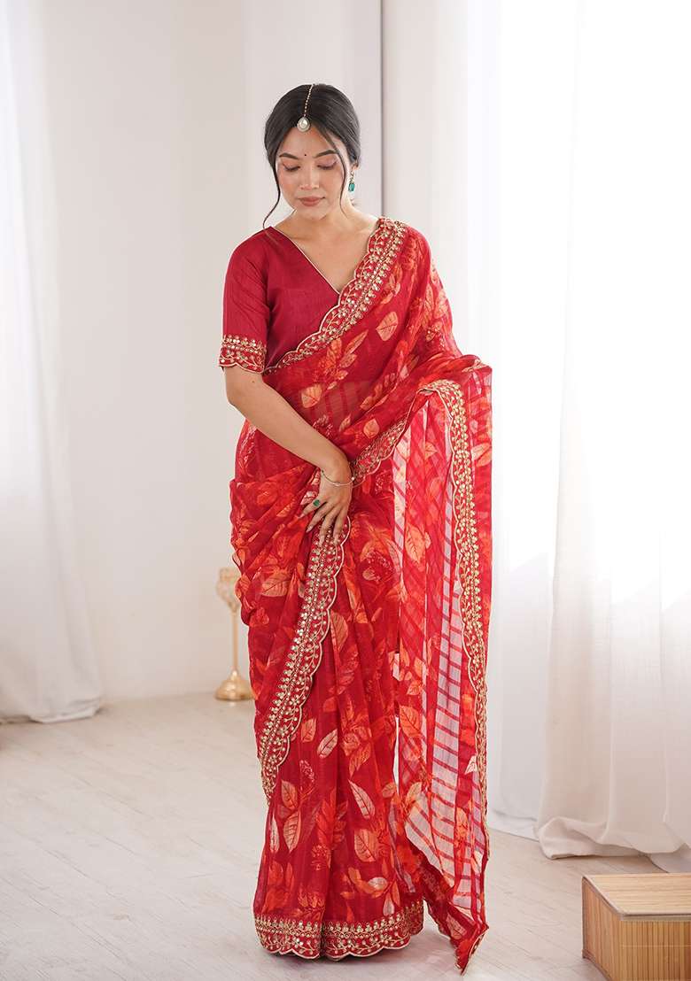 Red Floral Georgette Saree Set for Diwali and Festive Wear - Indya