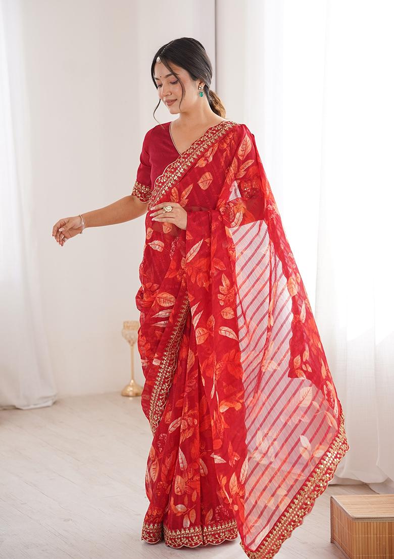 Red Floral Georgette Saree Set - Indya