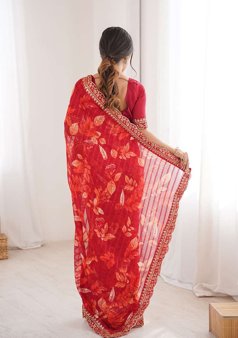 Red Floral Georgette Saree Set for Diwali and Festive Wear - Indya