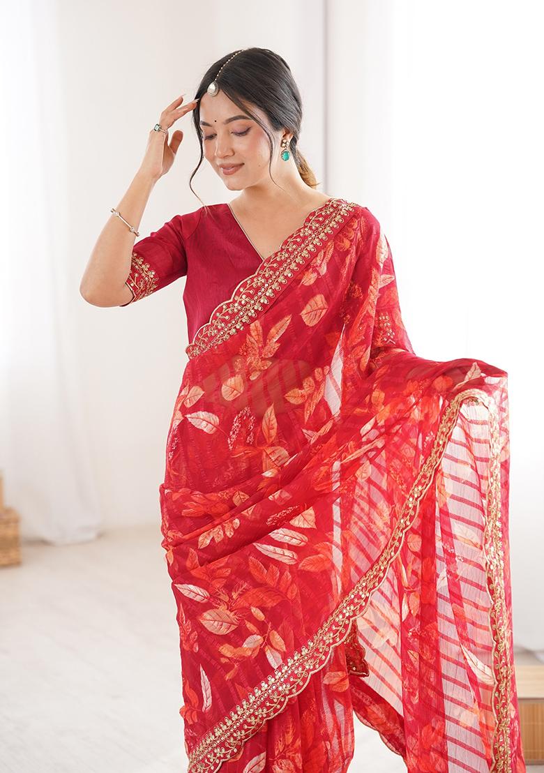 Red Floral Georgette Saree Set - Indya