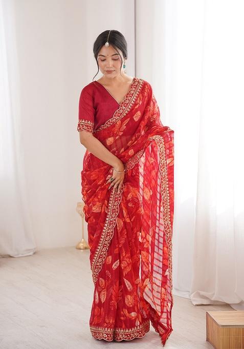 Red Floral Georgette Saree Set
