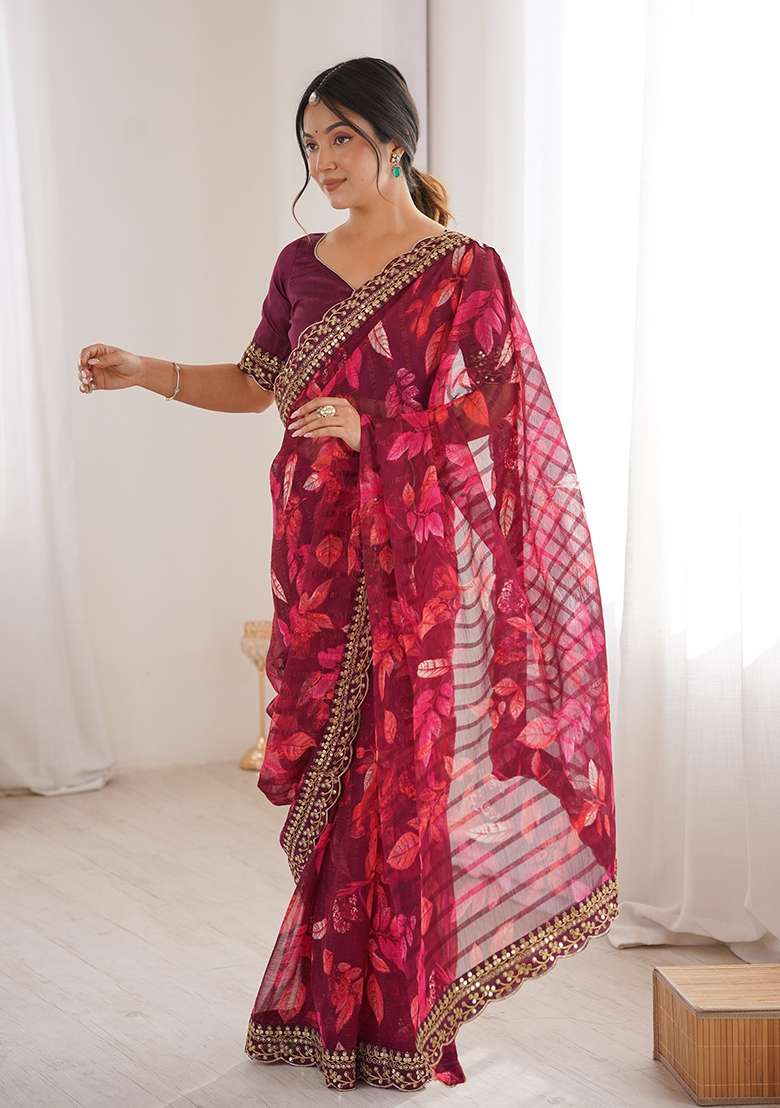 Wine Floral Georgette Saree Set for Diwali | Wedding & Festive Wear - Indya