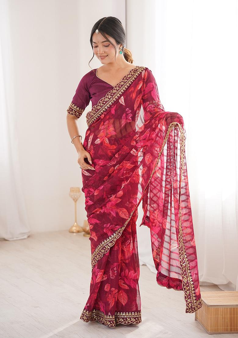 Wine Floral Georgette Saree Set - Indya