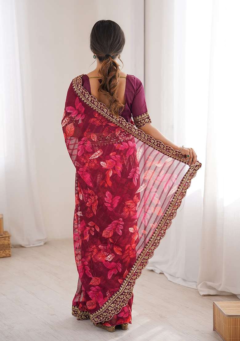 Wine Floral Georgette Saree Set for Diwali | Wedding & Festive Wear - Indya