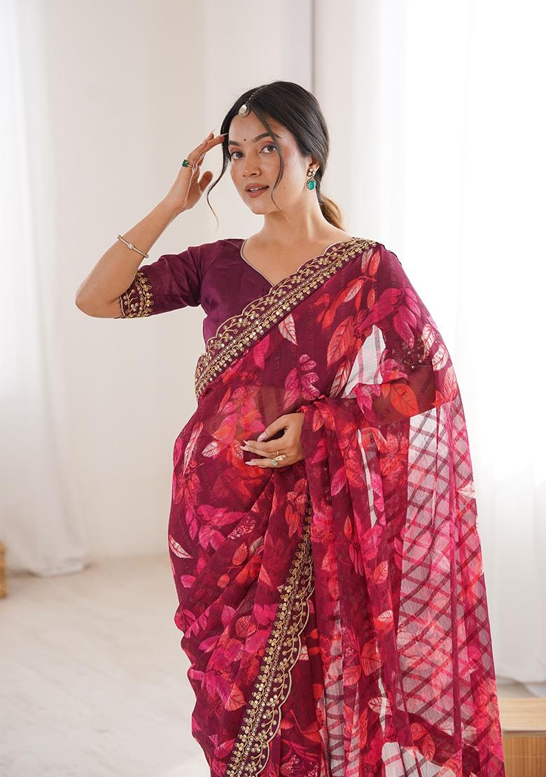 Wine Floral Georgette Saree Set - Indya