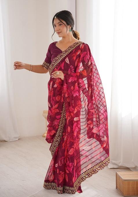Wine Floral Georgette Saree Set