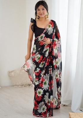 Black Floral Georgette Saree Set