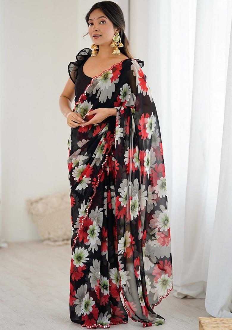 Black Floral Georgette Saree Set - Indya