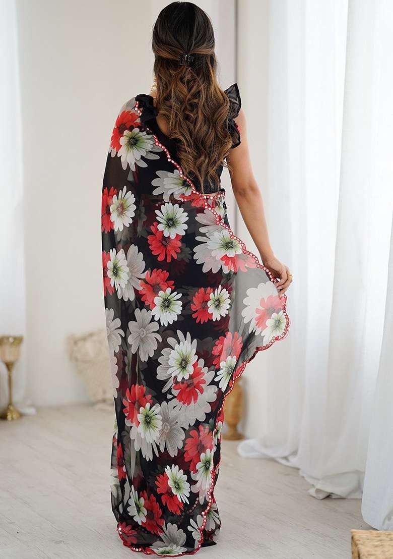 Black Floral Georgette Saree Set for Diwali | Wedding & Festive Wear - Indya
