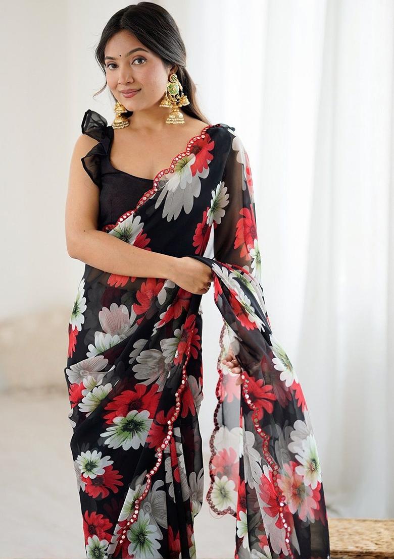 Black Floral Georgette Saree Set - Indya