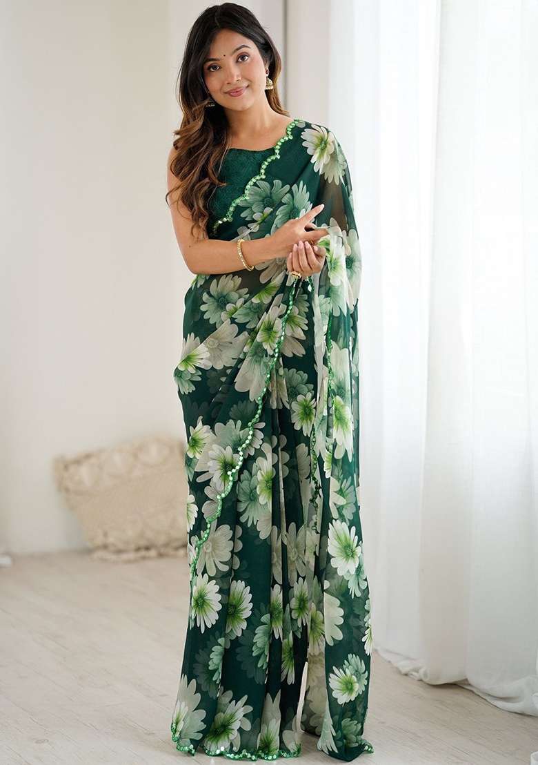Green Floral Georgette Saree Set for Diwali and Festive Wear - Indya