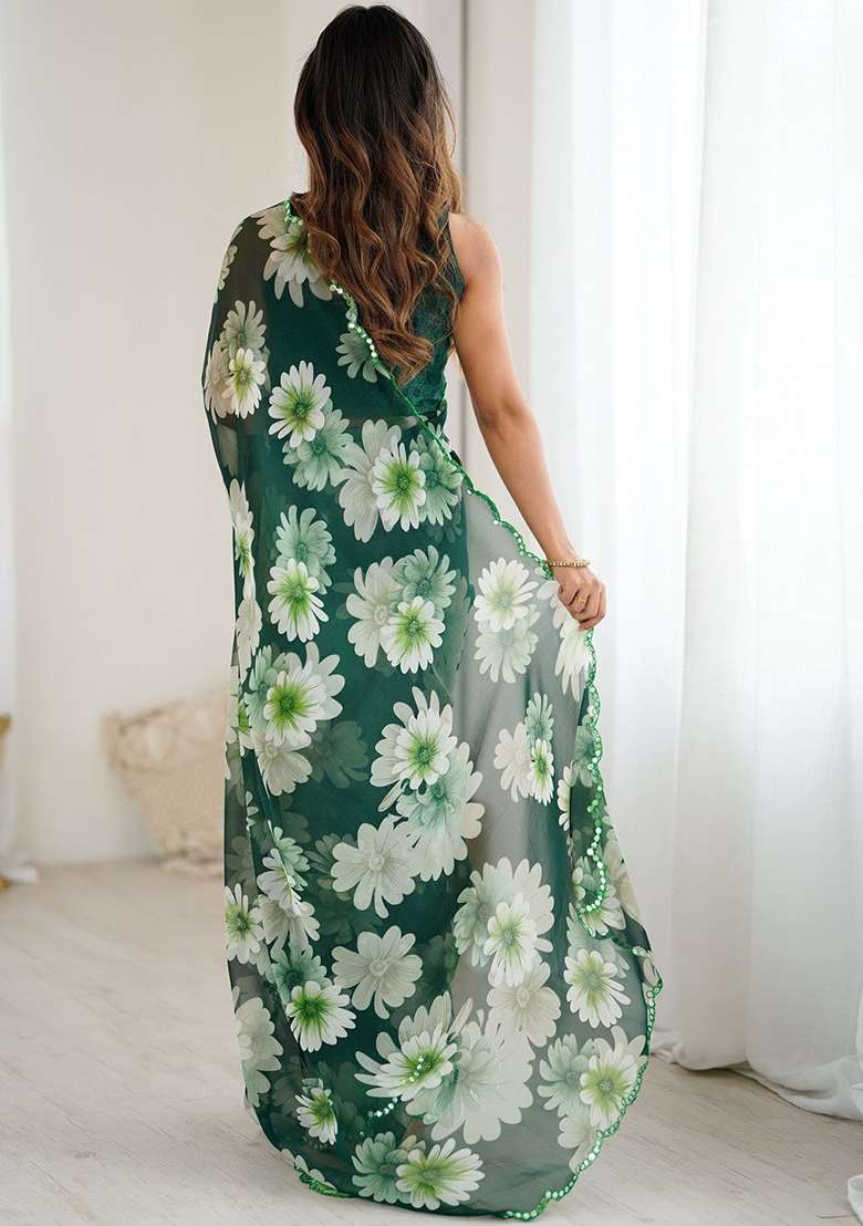 Green Floral Georgette Saree Set for Diwali and Festive Wear - Indya