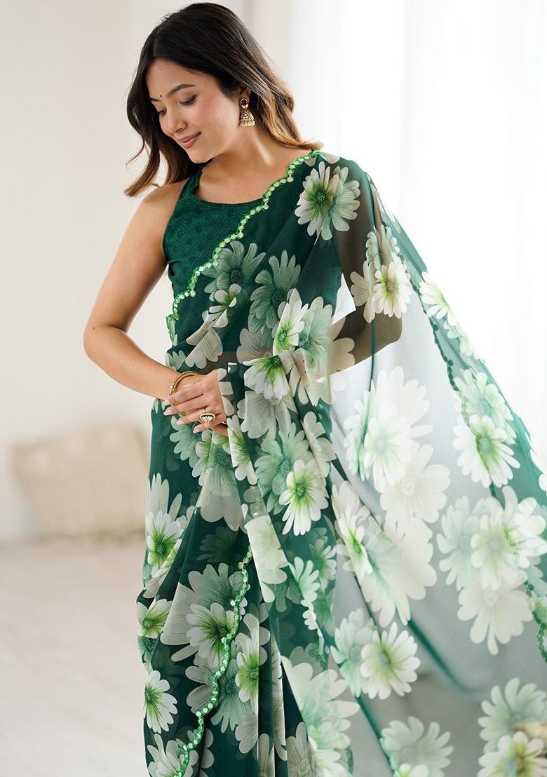 Green Floral Georgette Saree Set - Indya