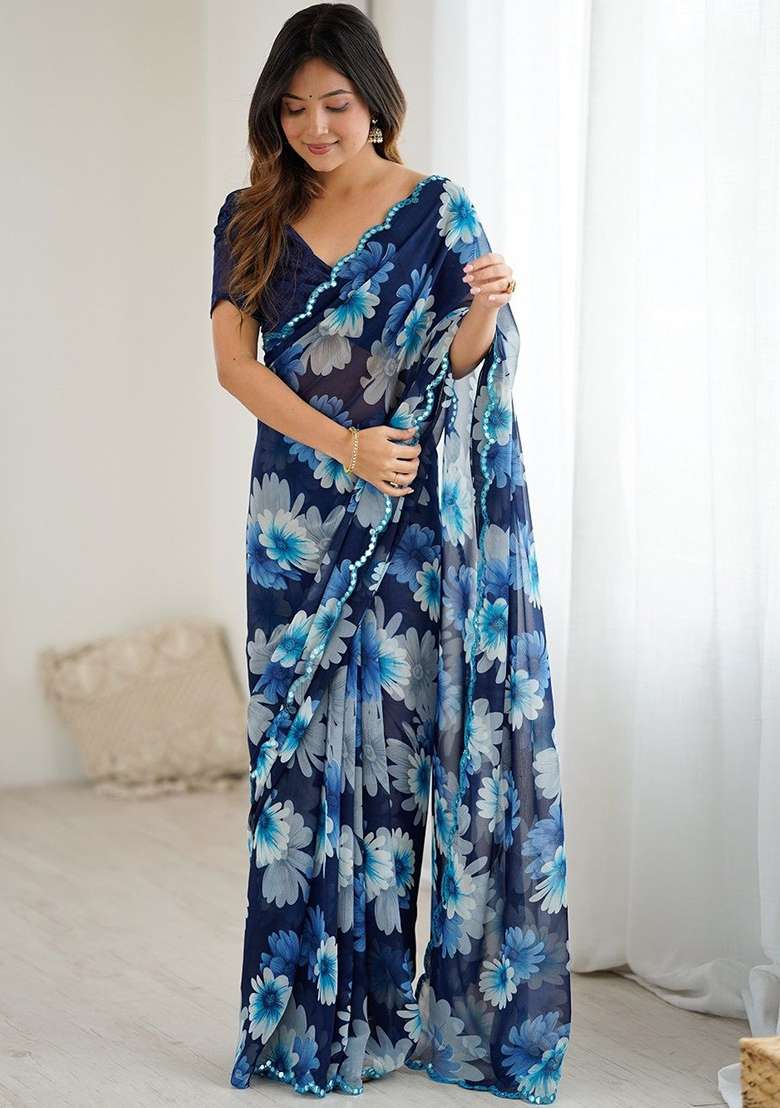Teal Blue Floral Georgette Saree Set for Diwali | Wedding & Festive Wear - Indya