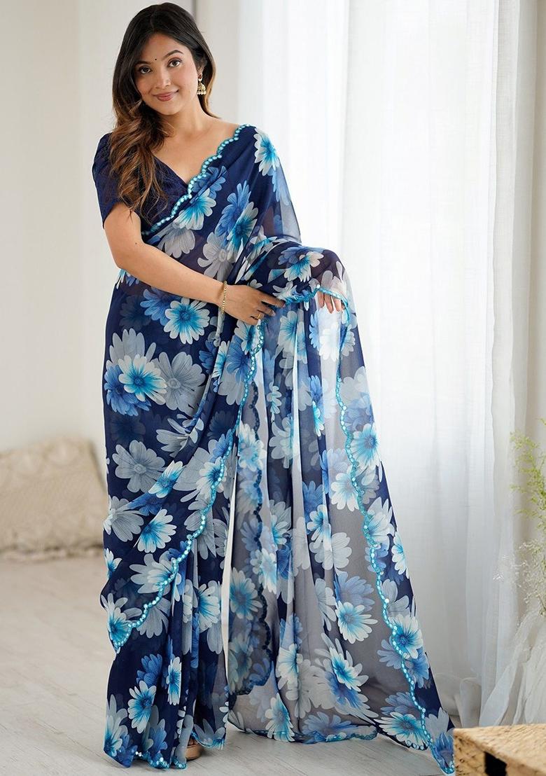 Teal Blue Floral Georgette Saree Set - Indya