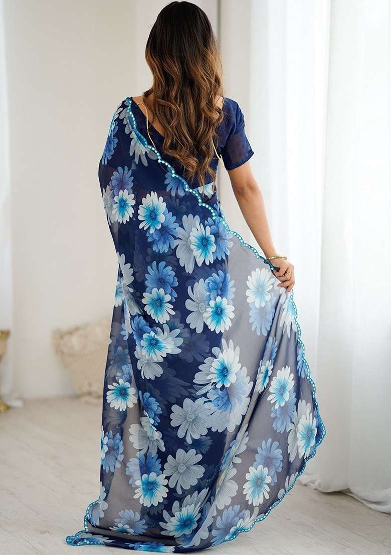 Teal Blue Floral Georgette Saree Set for Diwali | Wedding & Festive Wear - Indya