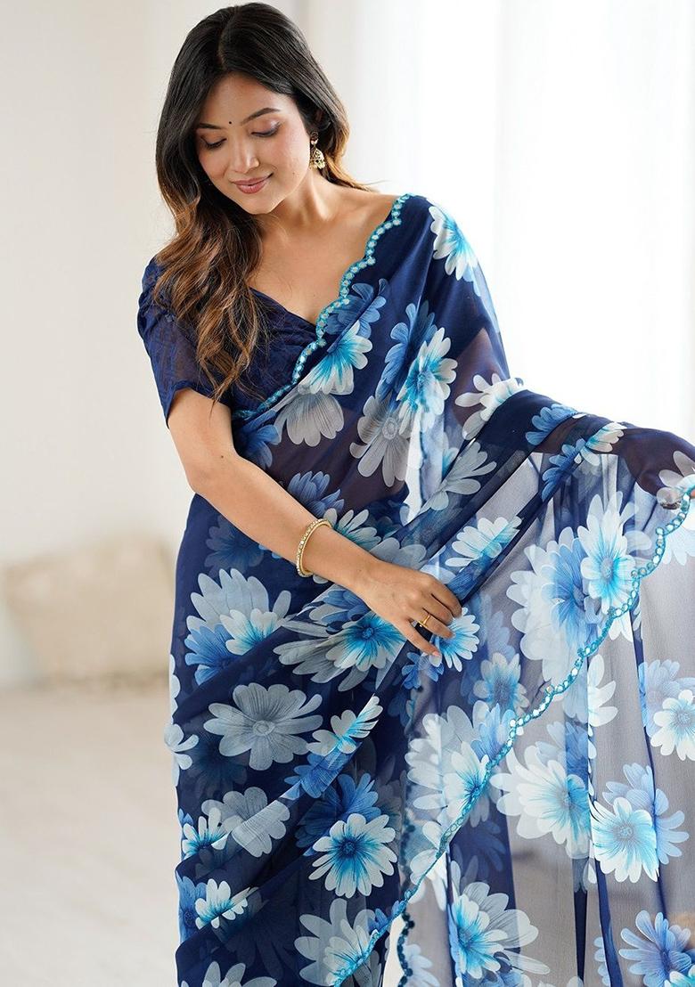 Teal Blue Floral Georgette Saree Set - Indya
