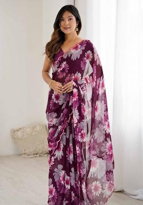 Wine Floral Georgette Saree Set