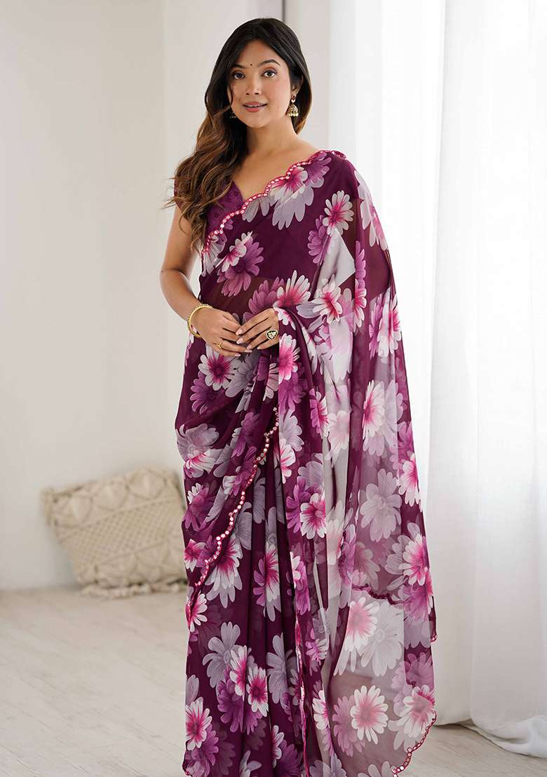 Wine Floral Georgette Saree Set for Diwali and Festive Wear - Indya