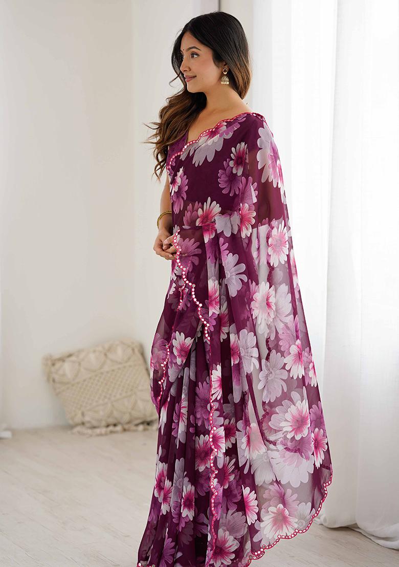 Wine Floral Georgette Saree Set - Indya