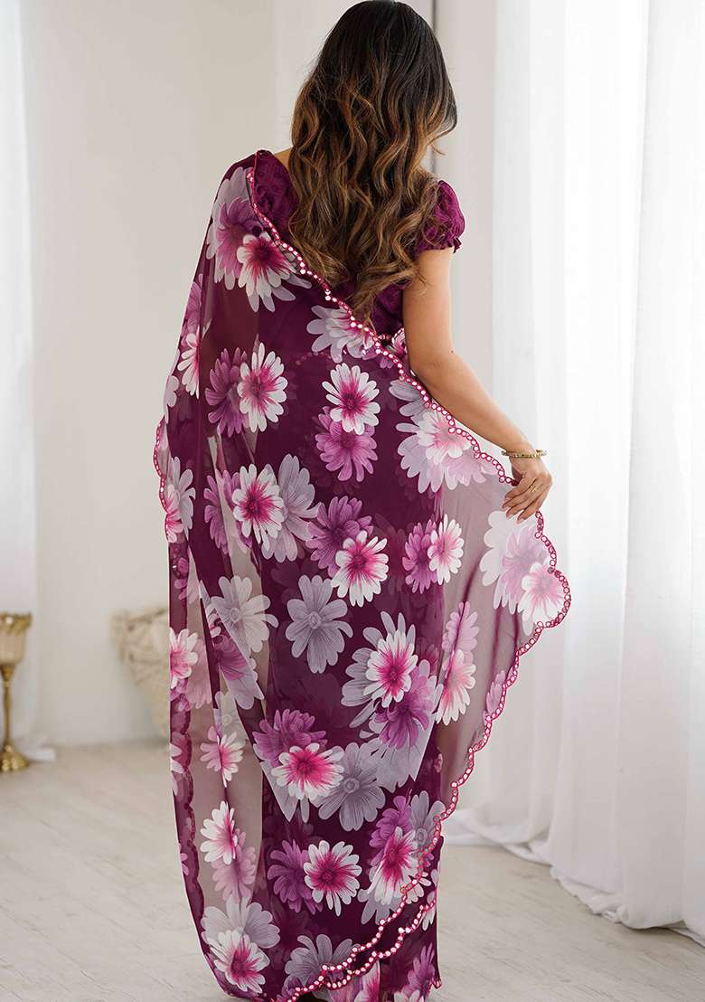 Wine Floral Georgette Saree Set for Diwali and Festive Wear - Indya
