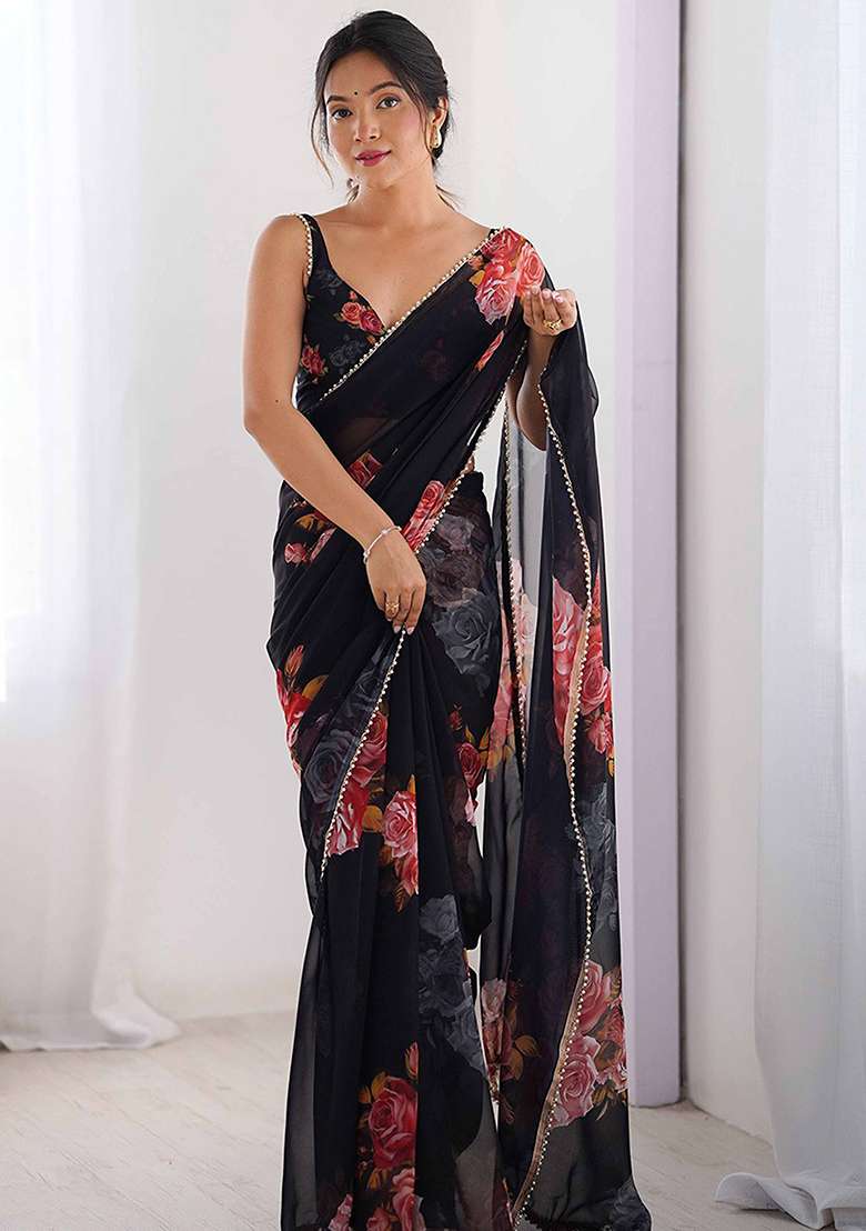 Black Floral Georgette Saree Set for Diwali | Wedding & Festive Wear - Indya
