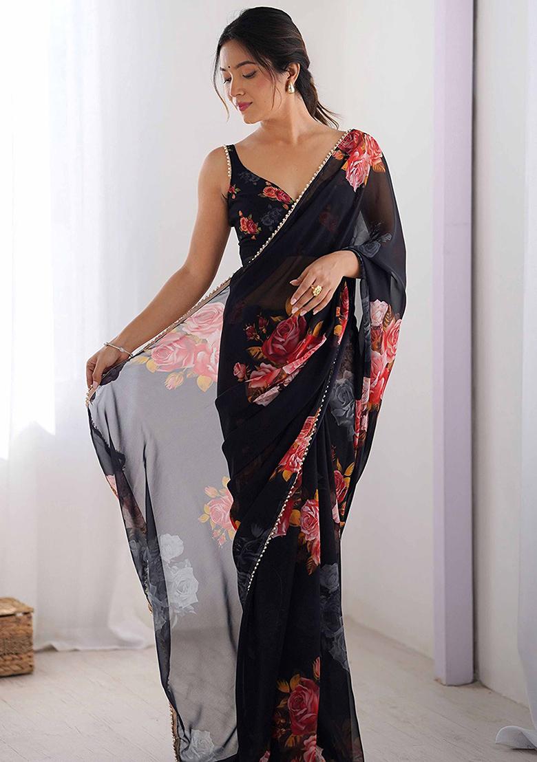 Black Floral Georgette Saree Set - Indya
