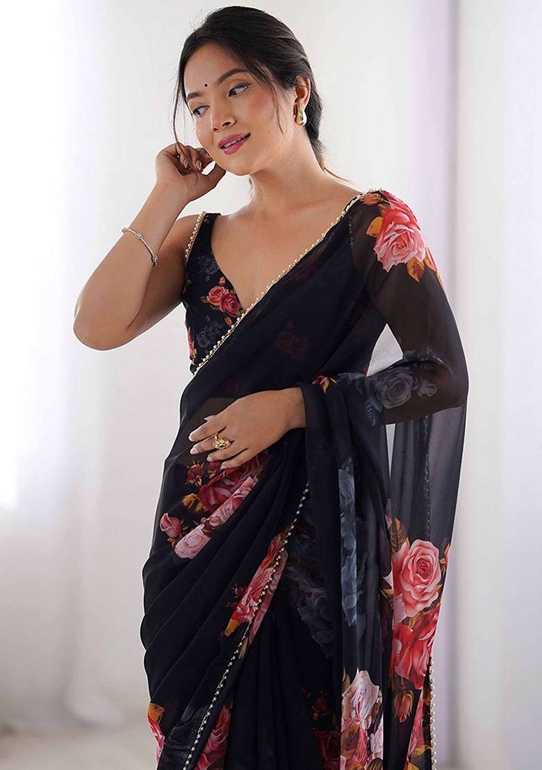 Black Floral Georgette Saree Set for Diwali | Wedding & Festive Wear - Indya