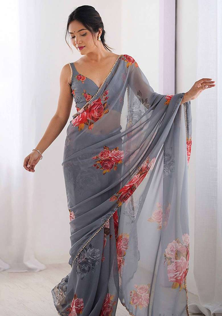 Grey Floral Georgette Saree Set for Diwali | Wedding & Festive Wear - Indya