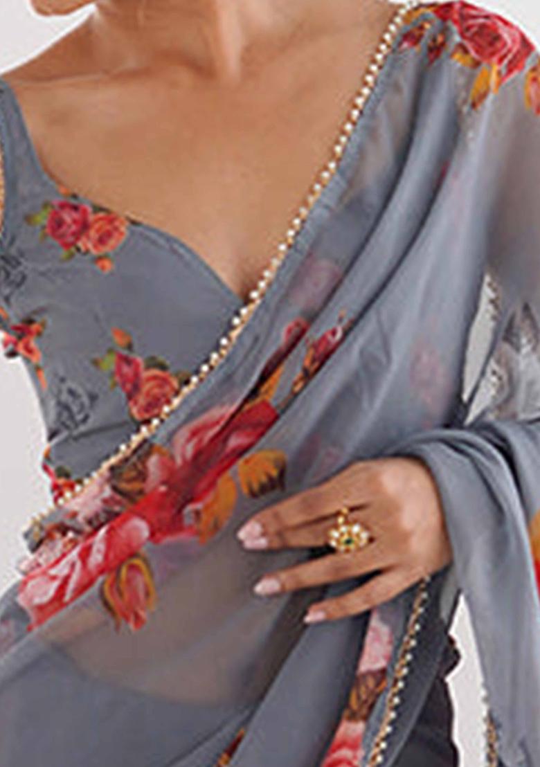 Grey Floral Georgette Saree Set - Indya
