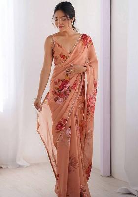 Peach Floral Georgette Saree Set