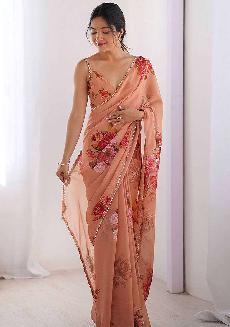 Peach Floral Georgette Saree Set for Diwali and Festive Wear - Indya