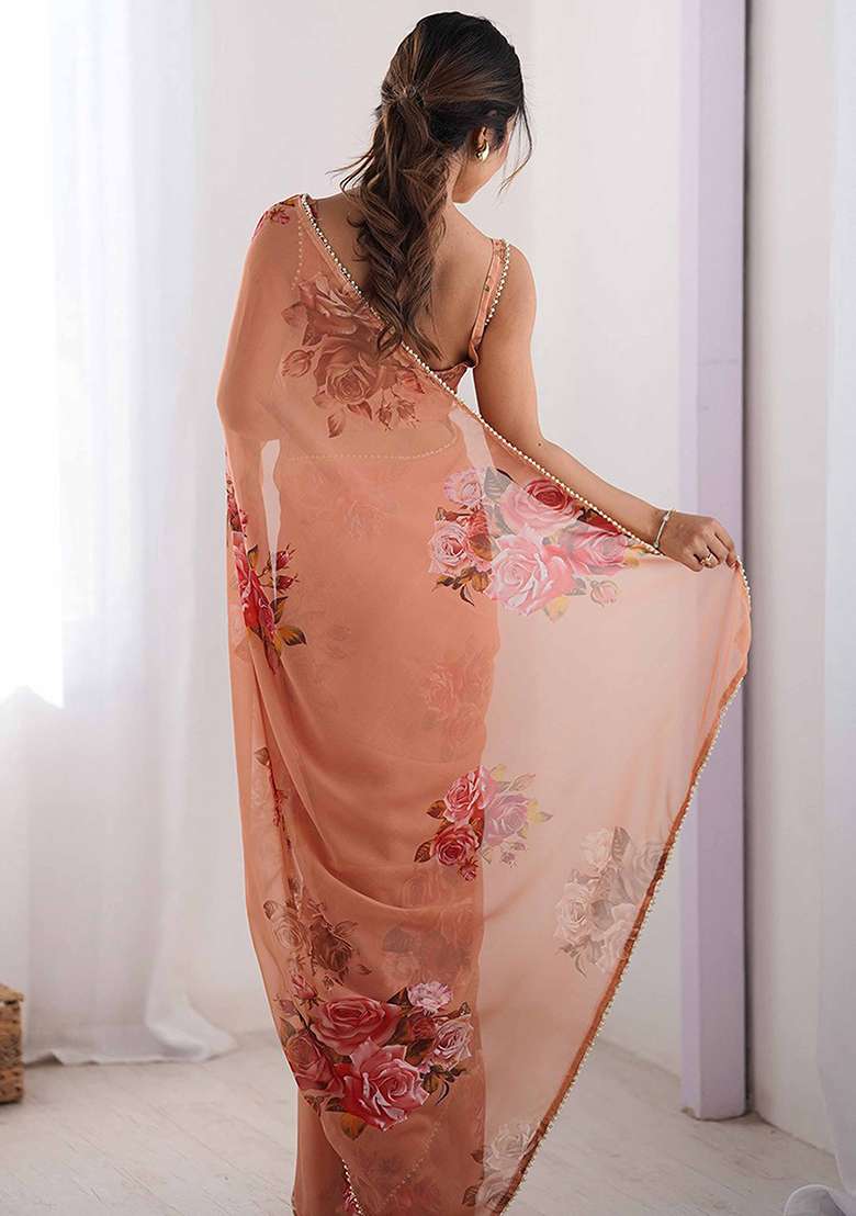 Peach Floral Georgette Saree Set for Diwali and Festive Wear - Indya