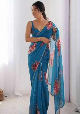 Teal Blue Floral Georgette Saree Set