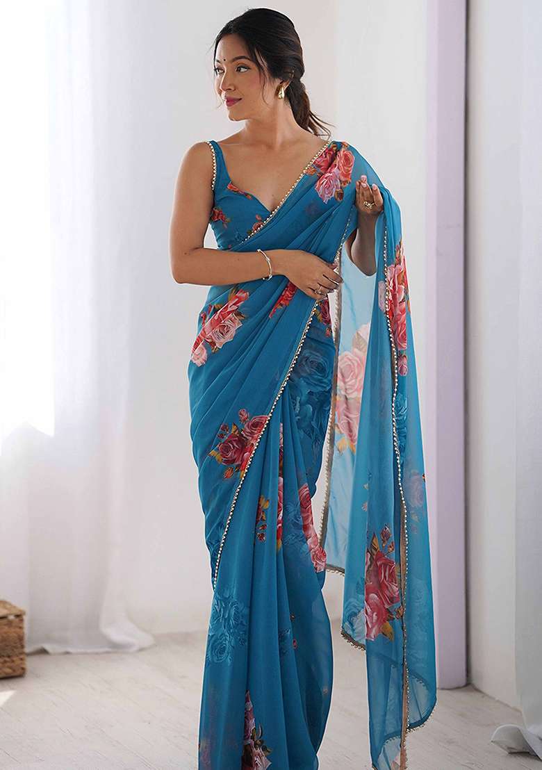 Teal Blue Floral Georgette Saree Set for Diwali | Wedding & Festive Wear - Indya