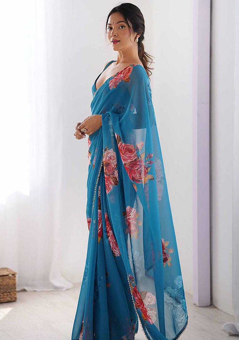 Teal Blue Floral Georgette Saree Set - Indya
