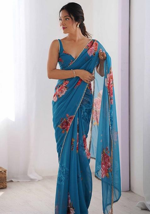 Teal Blue Floral Georgette Saree Set
