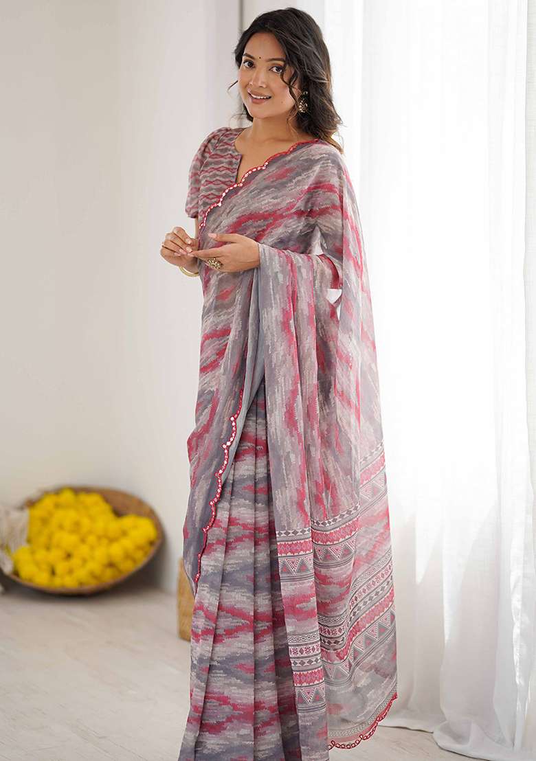 Brown Floral Georgette Saree Set for Diwali | Wedding & Festive Wear - Indya
