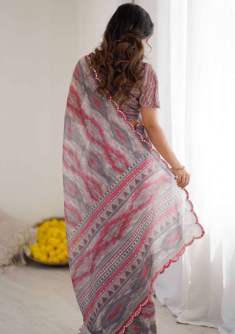 Brown Floral Georgette Saree Set for Diwali | Wedding & Festive Wear - Indya