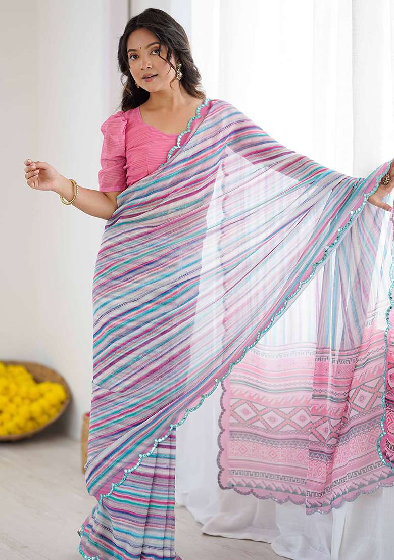 Grey Floral Georgette Saree Set for Diwali | Wedding & Festive Wear - Indya