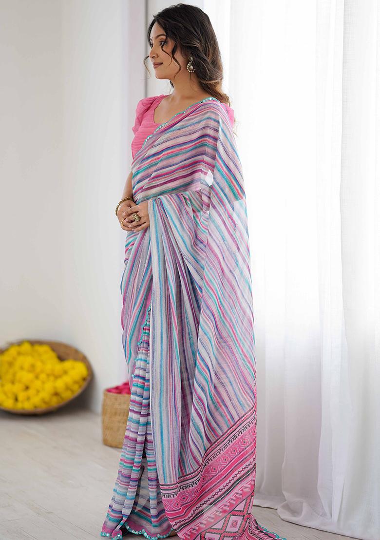 Grey Floral Georgette Saree Set - Indya