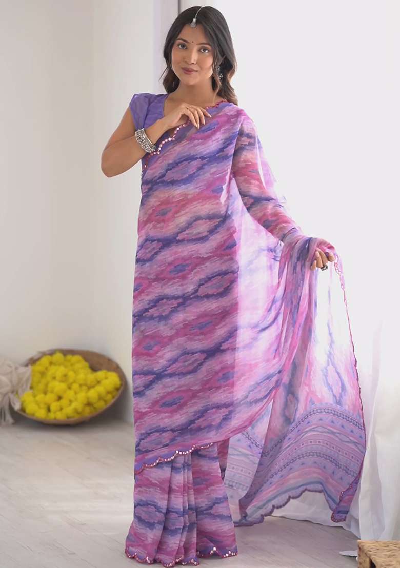 Lavender Floral Georgette Saree Set for Diwali and Festive Wear - Indya