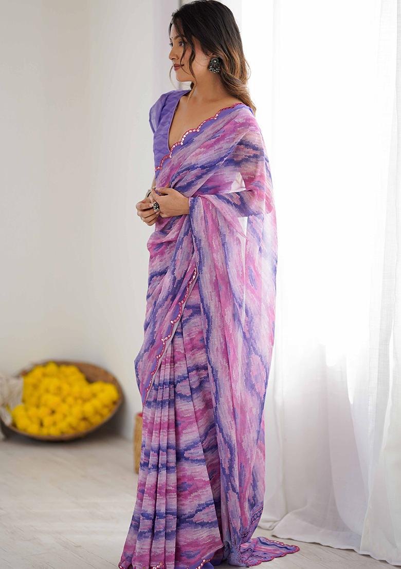 Lavender Floral Georgette Saree Set - Indya