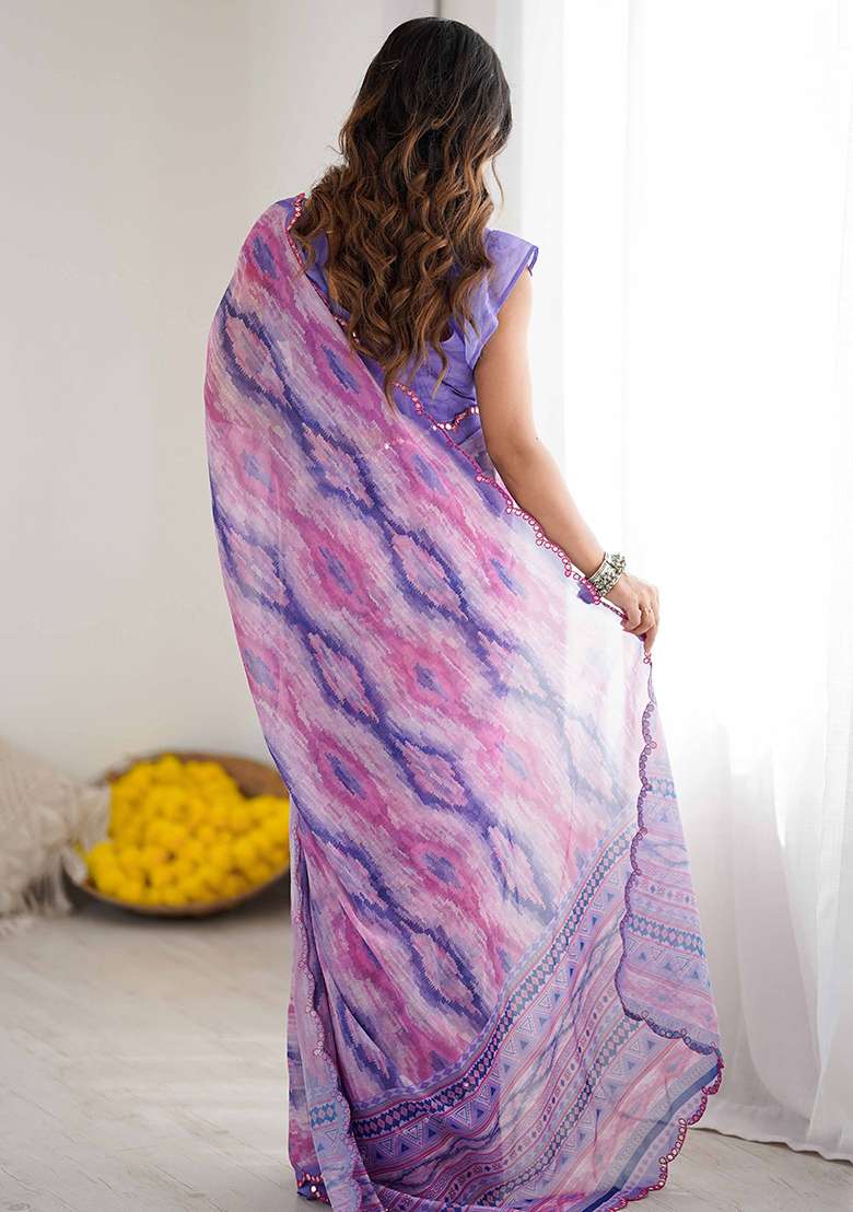 Lavender Floral Georgette Saree Set for Diwali and Festive Wear - Indya